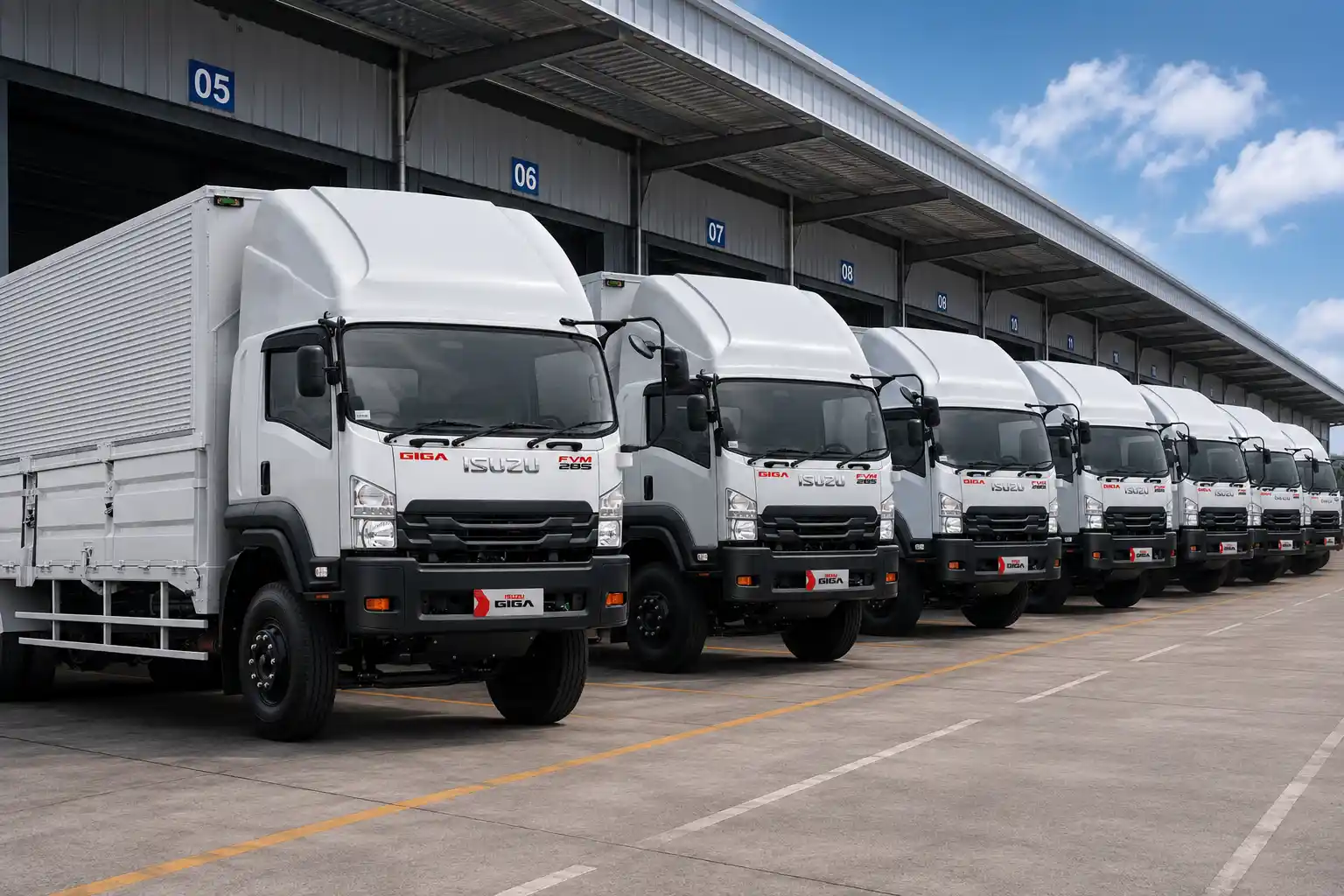 Isuzu GIGA FVM U Wingbox berjejer di gudang logistik